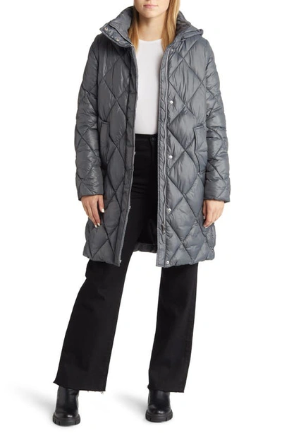 Sam Edelman Longline Hooded Quilted Puffer Jacket In Grey
