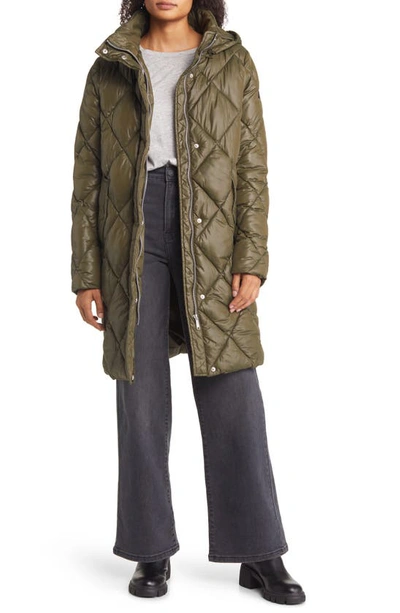 Sam Edelman Longline Hooded Quilted Puffer Jacket In Tuscan Oli