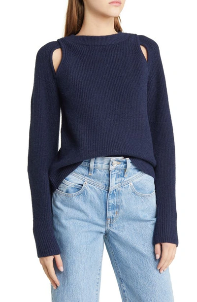 Moon River Shoulder Cutout Shaker Sweater In Navy