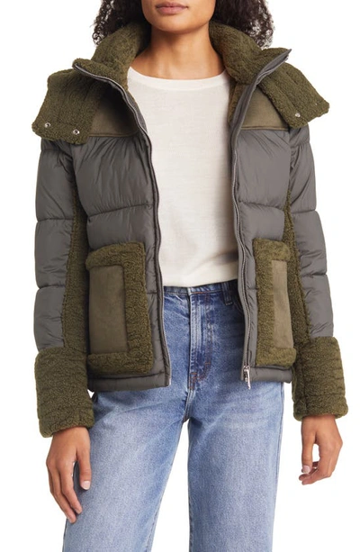 Sam Edelman Mixed Media Puffer Jacket With Faux Fur Trim In Olive