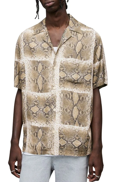 Allsaints Exo Snake Print Relaxed Fit Button Down Camp Shirt In Ecru