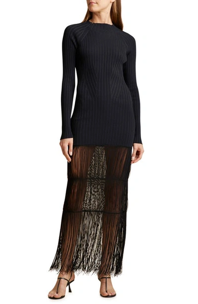 Khaite Cedar Ribbed Dress With Long Fringe Detail In Nero