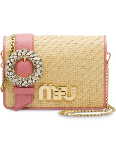 Miu Miu Crystal-embellished Raffia Cross-body Bag In Neutrals