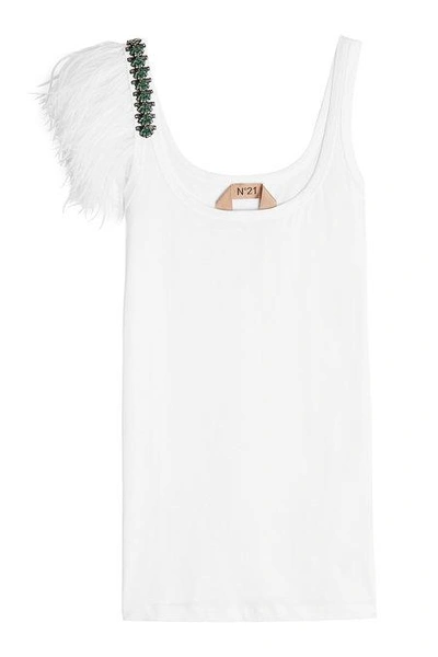 N°21 Top With Crystals And Feathers In Bianco Ottico