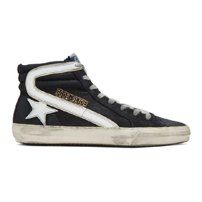 Golden Goose Slide High-top Sneakers With Suede And Leather In Navy Denim