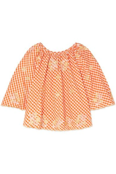 INNIKA CHOO SMOCKED EMBROIDERED GINGHAM COTTON TOP 
