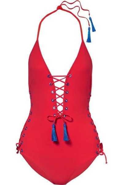 Emma Pake Carlotta Tasseled Lace-up Swimsuit In Red