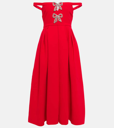 Self-portrait Bow-embellished Pleated Woven Midi Dress In Red | ModeSens