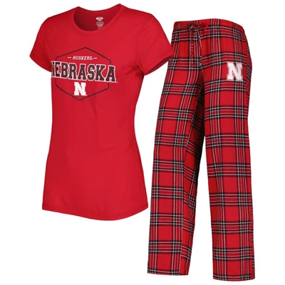 Concepts Sport Women's  Scarlet, Black Nebraska Huskers Badge T-shirt And Flannel Pants Sleep Set In Scarlet,black
