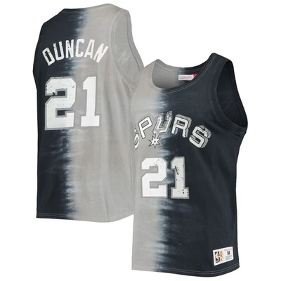 Mitchell & Ness Tim Duncan Black/gray San Antonio Spurs Hardwood Classics Tie-dye Name & Number Tank In Black,gray