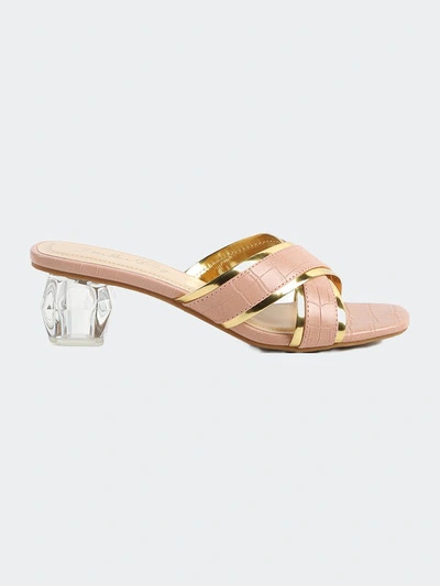 London Rag Stellar Gold Line Croc Textured Low Heel Sandals In Pink