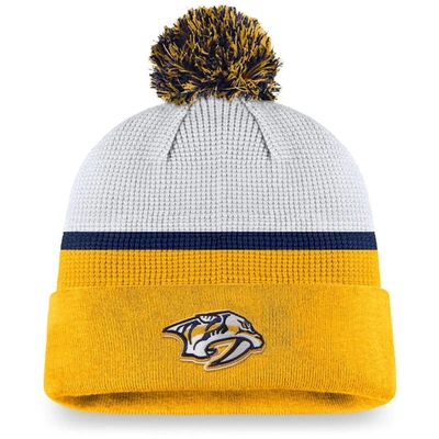 Fanatics Men's  Branded White, Gold Nashville Predators Authentic Pro Draft Cuffed Knit Hat With Pom In White,gold