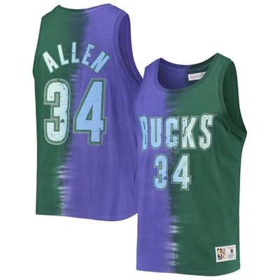 Mitchell & Ness Ray Allen Green/purple Milwaukee Bucks Hardwood Classics Tie-dye Name & Number Tank In Green,purple