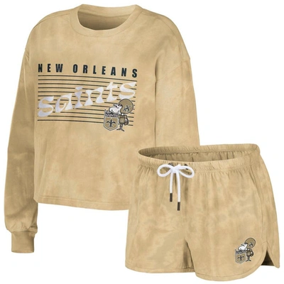 Wear By Erin Andrews Gold New Orleans Saints Tie-dye Cropped Pullover Sweatshirt & Shorts Lounge Set