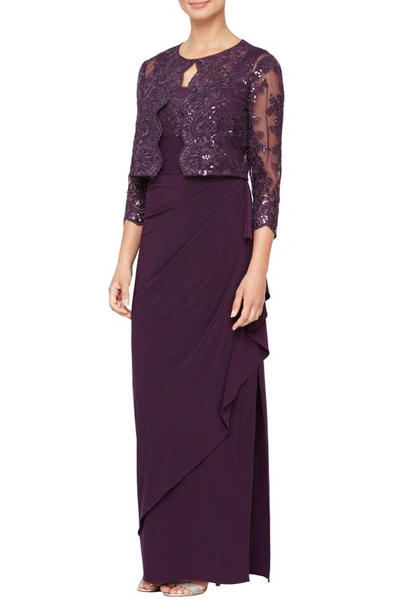 Alex Evenings Embroidered Empire Gown With Jacket In Eggplant