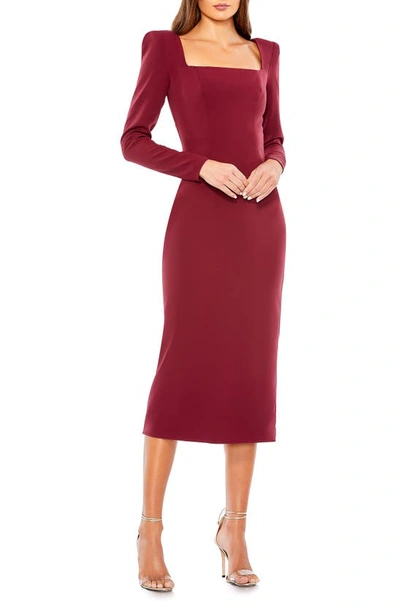 Ieena For Mac Duggal Solid Square Puff Long Sleeve Fitted Midi Dress In Wine