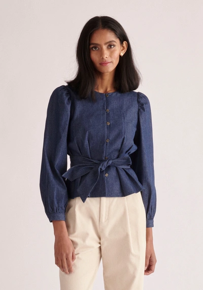 Paisie Long Sleeve Belted Denim Blouse In Blue