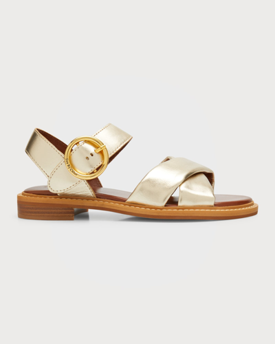 See By Chloé Lyna Metallic Crisscross Ankle-strap Sandals In Light Gold