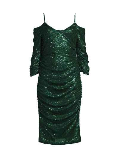 Black Halo Henley Ruched Cold-shoulder Sequin Midi Dress In Green