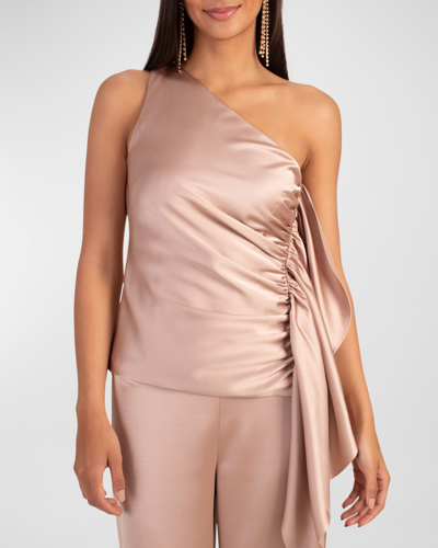 Trina Turk Powerful Draped One-shoulder Satin Top In Moonstone