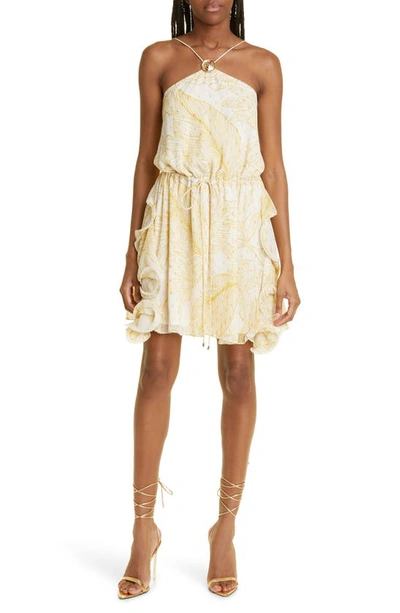 Alexis Asia Georgette Ruffle Halter Mini Dress In Golden Palms | ModeSens