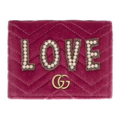 Gucci Gg Marmont Embroidered Velvet Wallet In 5571 Rasber