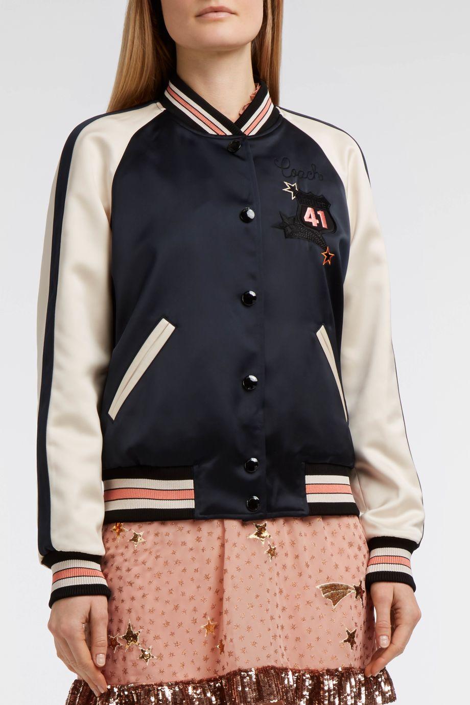 Coach Reversible Embroidered Satin Jacket In Navy And ...