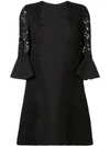 Valentino Jewel-neck 3/4 Flutter Cuff Crepe Couture Dress In Black