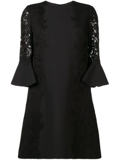 Valentino Jewel-neck 3/4 Flutter Cuff Crepe Couture Dress In Black