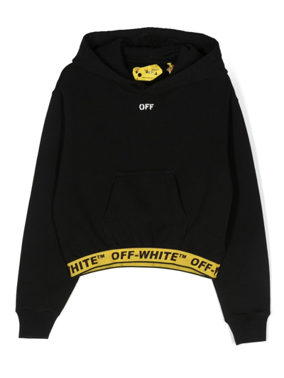 Off-white Kids' Logo-tape Cotton Hoodie In Black