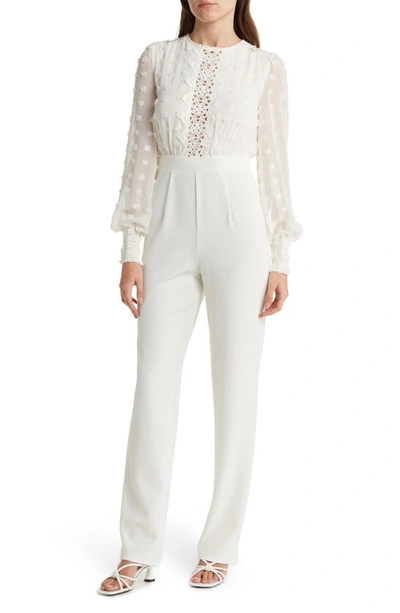 Love By Design Rinata Swiss Dot Long Sleeve Jumpsuit In Ivory