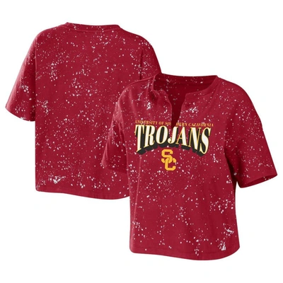 Wear By Erin Andrews Cardinal Usc Trojans Bleach Wash Splatter Notch Neck T-shirt