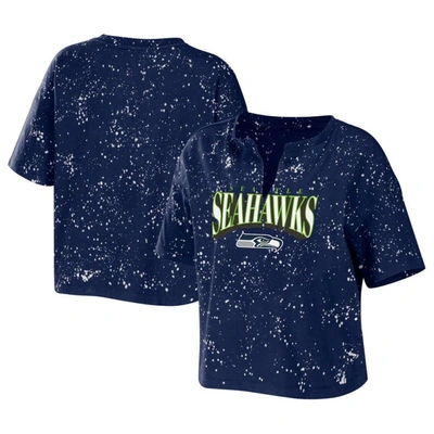 Wear By Erin Andrews College Navy Seattle Seahawks Bleach Wash Splatter Notch Neck Cropped T-shirt