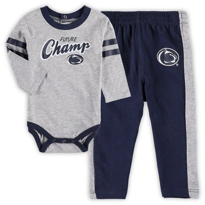 Outerstuff Babies' Newborn & Infant Heathered Gray/navy Penn State Nittany Lions Little Kicker Long Sleeve Bodysuit & S In Heathered Gray,navy