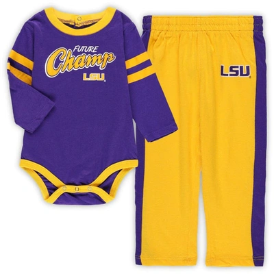 Outerstuff Babies' Infant Purple/gold Lsu Tigers Little Kicker Long Sleeve Bodysuit And Sweatpants Set