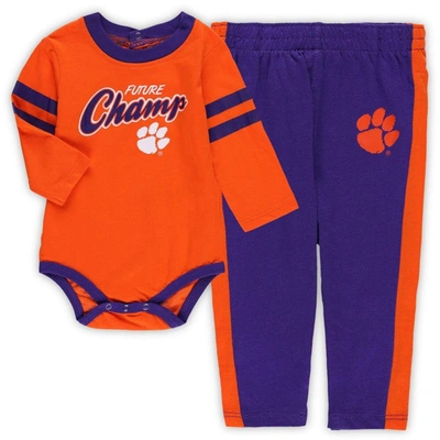 Outerstuff Babies' Newborn & Infant Orange/purple Clemson Tigers Little Kicker Long Sleeve Bodysuit & Sweatpants Set