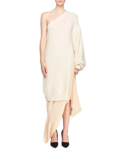 Stella Mccartney Shaker Knit One-shoulder Side-slit Dress In Off White