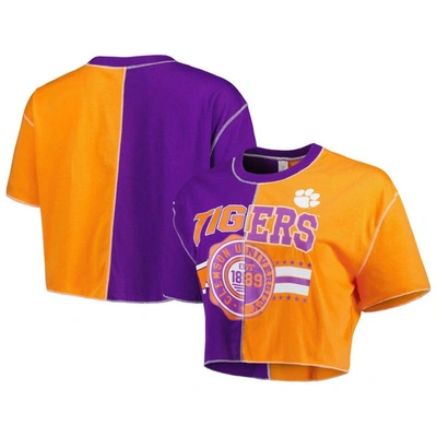Zoozatz Women's  Purple, Orange Clemson Tigers Colorblock Cropped T-shirt In Purple,orange