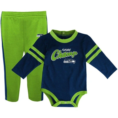 Outerstuff Babies' Infant Boys And Girls College Navy, Neon Green Seattle Seahawks Little Kicker Long Sleeve Bodysuit A In Navy,neon Green