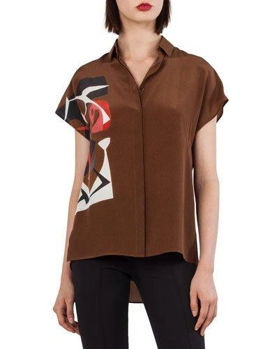 Akris Cap-sleeve Masonite-print Collared Silk Crepe Silk Blouse In Brown Pattern