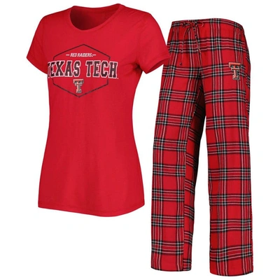 Concepts Sport Women's  Red And Black Texas Tech Red Raiders Badge T-shirt And Flannel Pants Sleep Se In Red,black