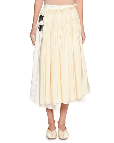 Jil Sander Gathered & Pleated Two-tone Wrap Skirt With Leather Tabs In White/black