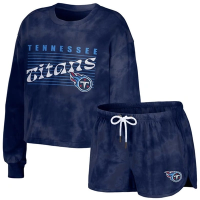 Wear By Erin Andrews Navy Tennessee Titans Tie-dye Cropped Pullover Sweatshirt & Shorts Lounge Set