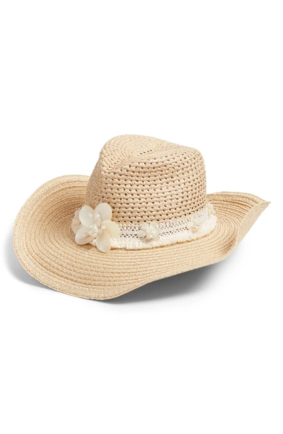 Eric Javits St. Tropez Squishee Western Hat With Mother-of-pearl Trim - White In Flax/ White