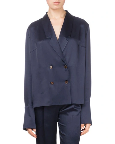 Magda Butrym La Vienna Double-breasted Silk Blouse W/ High-low Hem In Navy