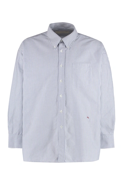Our Legacy Borrowed Bd Embroidered-logo Striped Shirt In Blue