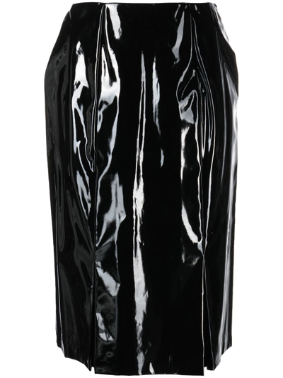 Raf Simons High-shine Slit-detail Knee-length Skirt In Black