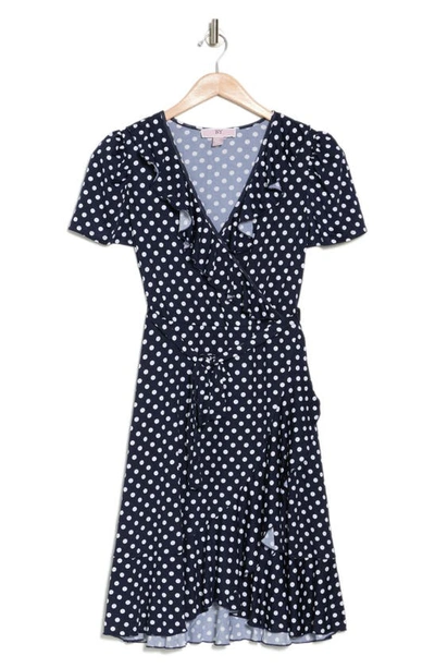 Love By Design Viola Faux Wrap Mini Dress In Navy/ White Polka Dot