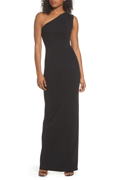 Katie May Angelina One-shoulder Crepe Column Gown In Black