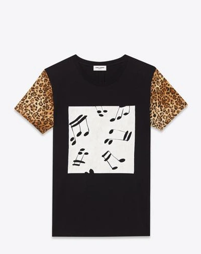 Saint Laurent Classic Short Sleeve T-shirt In Black, Ivory And Brown Musical Note And Leopard Printed Cotton Jerse In Eoir